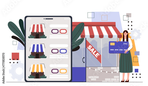 Commercial activities online concept. Woman with bankng card ner smartphone with goods and products. Electronic wallet and digital money, cashless payment. Cartoon flat vector illustration