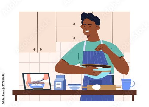 Cooking tutorial concept. Man with flour products and plates. Homemade pastry and bakery. Eggs with rolling pin. Digital courses. Cartoon flat vector illustration isolated on white background