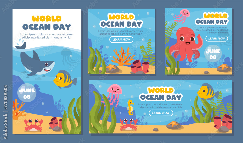 Ocean day banners vector set