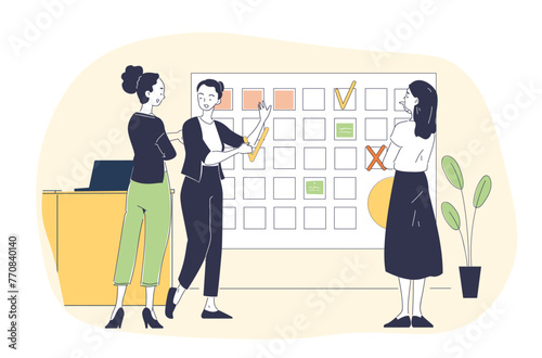 People with deadline simple. Women with calendar. Planning and scheduling. Time management and organization of efficient work process. Doodle flat vector illustration isolated on white background