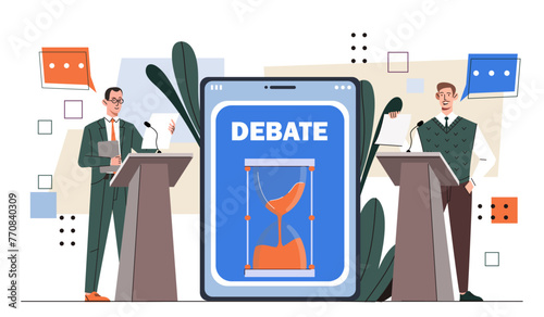Political debates concept. Two men speakers with microphones. Candidates with preelection campaign. Election to government. Cartoon flat vector illustration isolated on white background