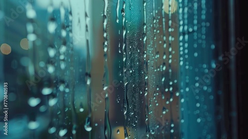 Cool Hues of Raindrops on a Glass Window with Urban Lights Background © Jinny787