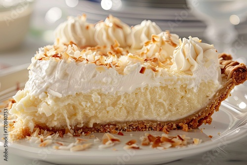 A delicious slice of coconut cream pie topped with whipped cream and toasted coconut flakes, served on an elegant plate.