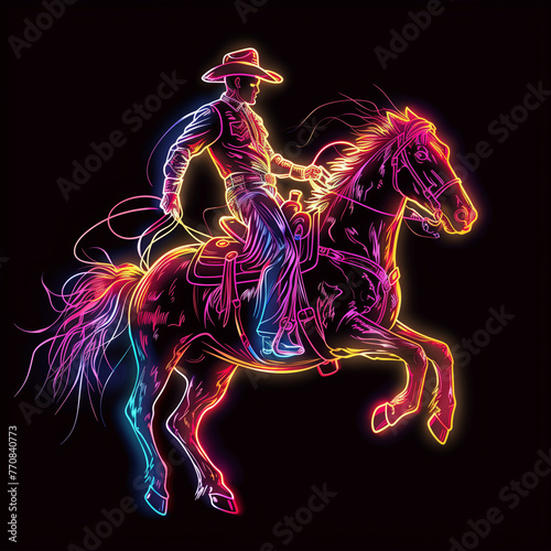 cowboy riding a bucking rodeo horse in neon colors illustration on a black background