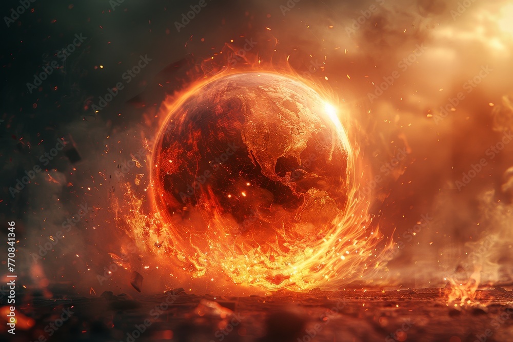 Red golfball-looking orb exploding with a sphere of raging fire. - obrazy, fototapety, plakaty 