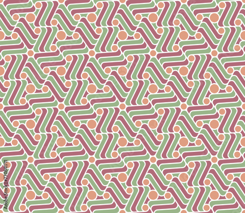 Green and pink striped hexagons outlined with white lines. Abstract, geometric, and modern design in pastel colors. Seamless repeating pattern. Vector illustration.