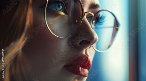 Woman with elegant glasses, highlighting beautiful features. generative aii