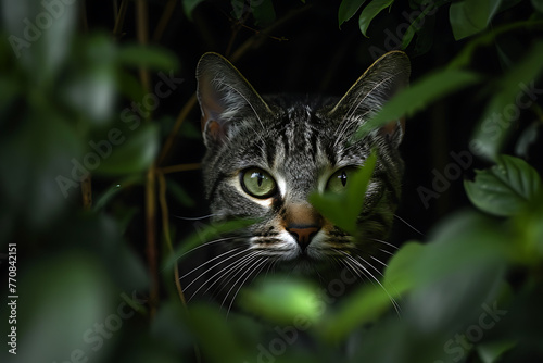 a cat peeking out from behind some greenery to the righ 77a335a4-245a-4f9c-94d5-d9bc6f274592 photo