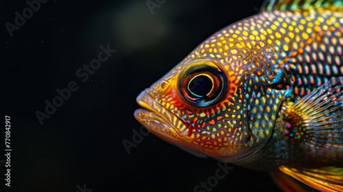 Beauty of aquatic fish life close up on bright black background