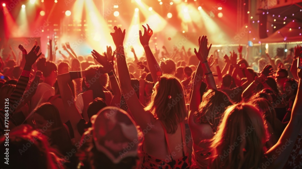 Concert audience dancing passionately under the glow of bright lights at a music festival