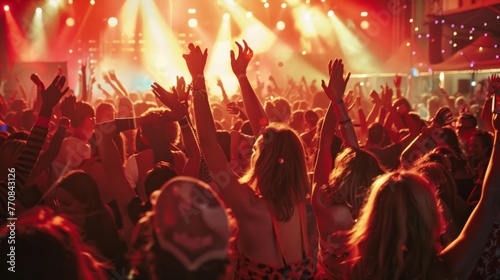 Concert audience dancing passionately under the glow of bright lights at a music festival © AlfaSmart