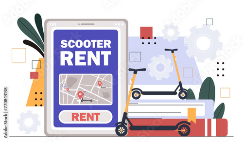 Electric scooter rent concept. Eco friendly transport. Mobile appliation for renting escooters. Modern urban transportation. Cartoon flat vector illustration isolated on white background