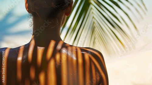 Woman seen from behind with palm tree shadow on her back generative ai