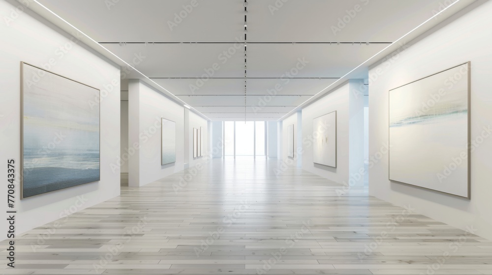 Art gallery with mock-ups of paintings displayed on white walls in minimalist style