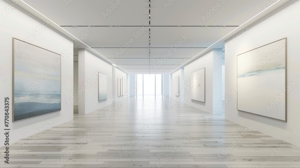 Art gallery with mock-ups of paintings displayed on white walls in minimalist style Art gallery with mock-ups of paintings displayed on white walls in minimalist style