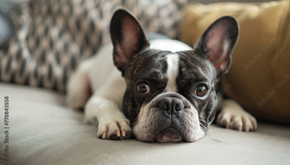 Portrait of French Bulldog on laying on sofa, Pet and owner concept.