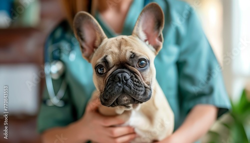 Portrait of French Bulldog at Veterinarian, Nurse holding French bulldog, Pet health concept. © COC STUDIO