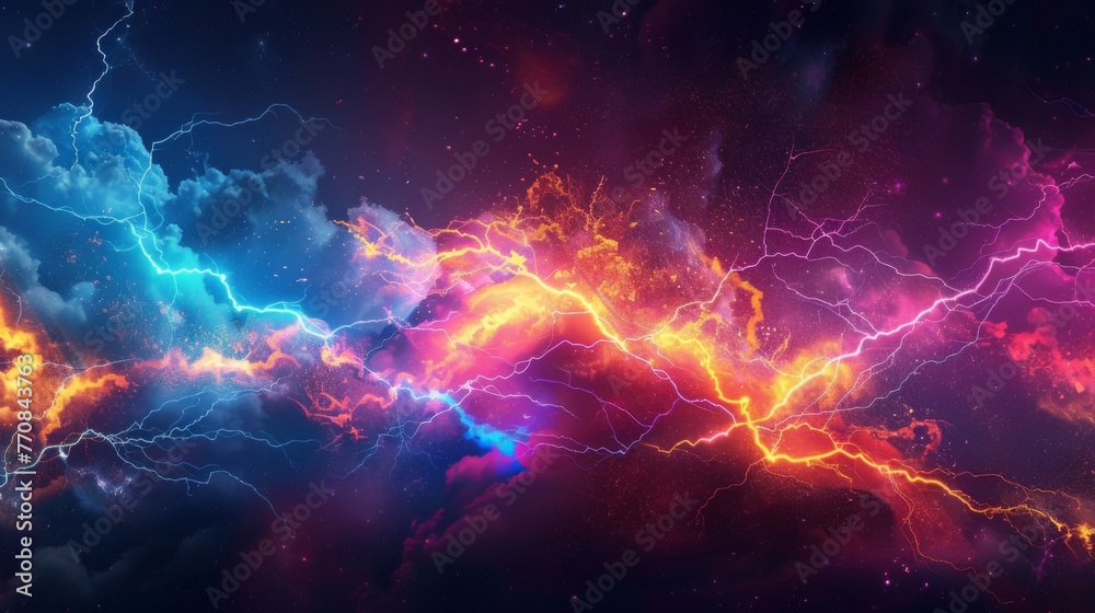 Pure power and beauty of a bright lightning strike in neon colors Pure power and beauty of a bright lightning strike in neon colors
