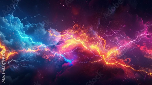 Pure power and beauty of a bright lightning strike in neon colors