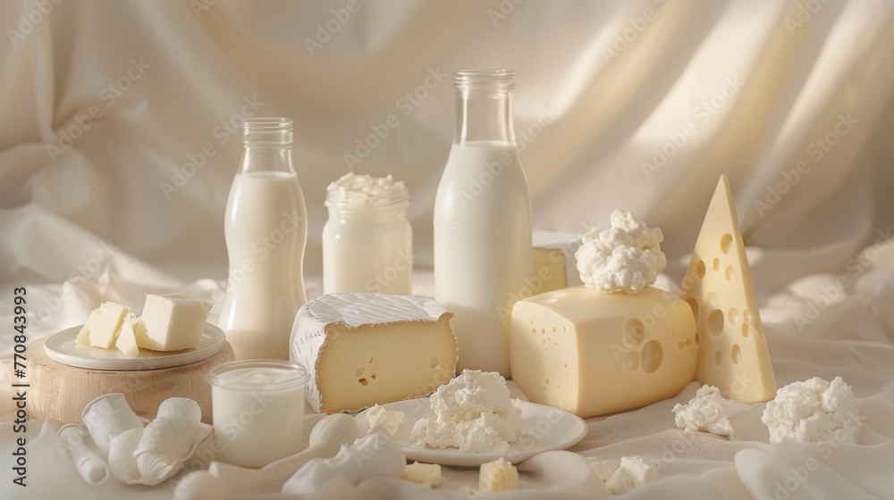 Dairy products, assorted cheeses, milk cartons, yogurt cups and blocks of butter creatively arranged on a soft light background