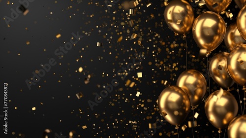 Falling confetti and shimmering golden balloons on a dark black background