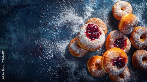 Sufganiyet, garnished with a generous dusting of powdered sugar and infused with bright fruit preserves on a dark blue background