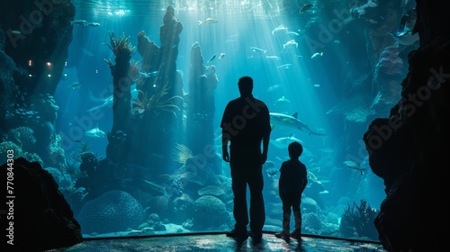 Rear view of father and child on educational walk through sea world aquarium