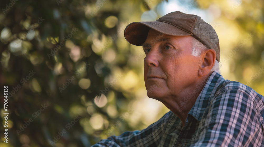 Portrait of senior man looking away while standing in park on a sunny day Portrait of senior man looking away while standing in park on a sunny day