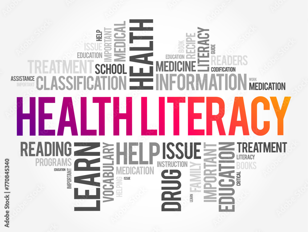 Health Literacy - ability to obtain, understand, and use healthcare information in order to make appropriate health decisions, word cloud concept background Health Literacy - ability to obtain, understand, and use healthcare information in order to make appropriate health decisions, word cloud concept background