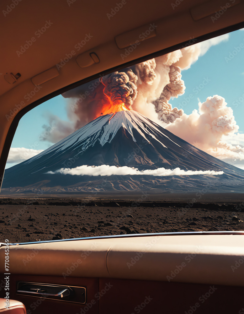 Erupting Volcano Viewed from Car Window - Anime Aesthetic Artwork ...