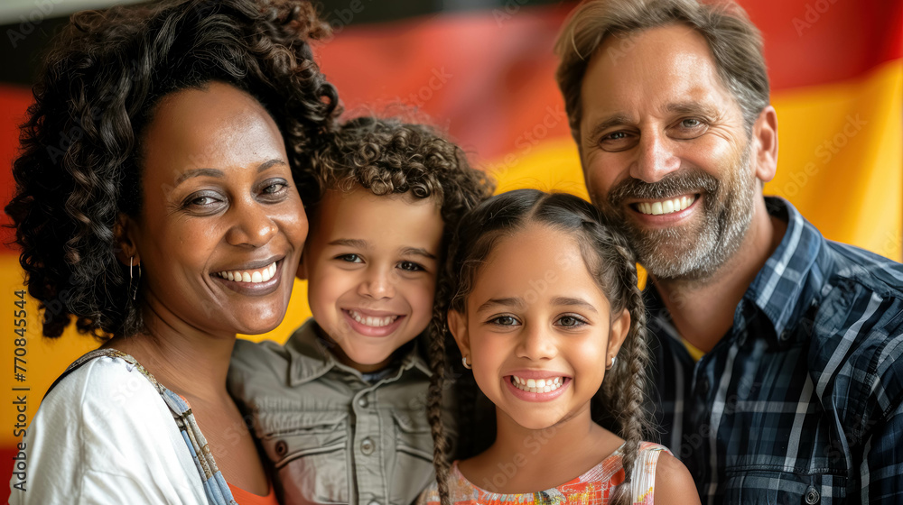 Diversity In German Family With German Black Mom, German Dad and Their Mixed Daughter and Son. The German Flag Is In Background