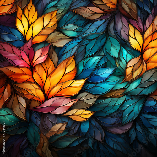 Glass art, colorful leaf-shaped murals, colorful leaf-shaped glass windows.