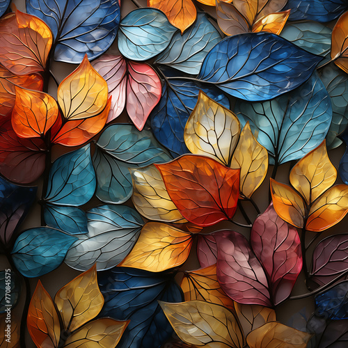 Glass art, colorful leaf-shaped murals, colorful leaf-shaped glass windows.