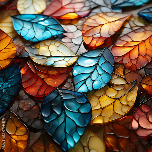 Glass art, colorful leaf-shaped murals, colorful leaf-shaped glass windows.