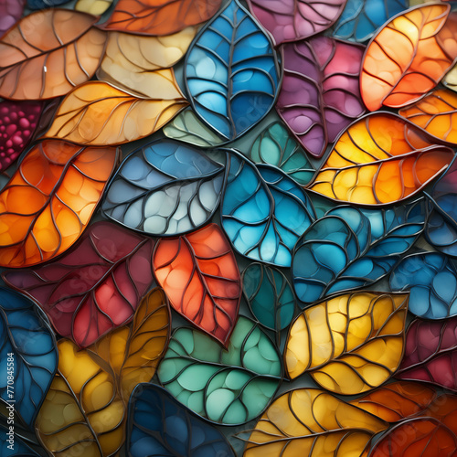 Glass art, colorful leaf-shaped murals, colorful leaf-shaped glass windows.