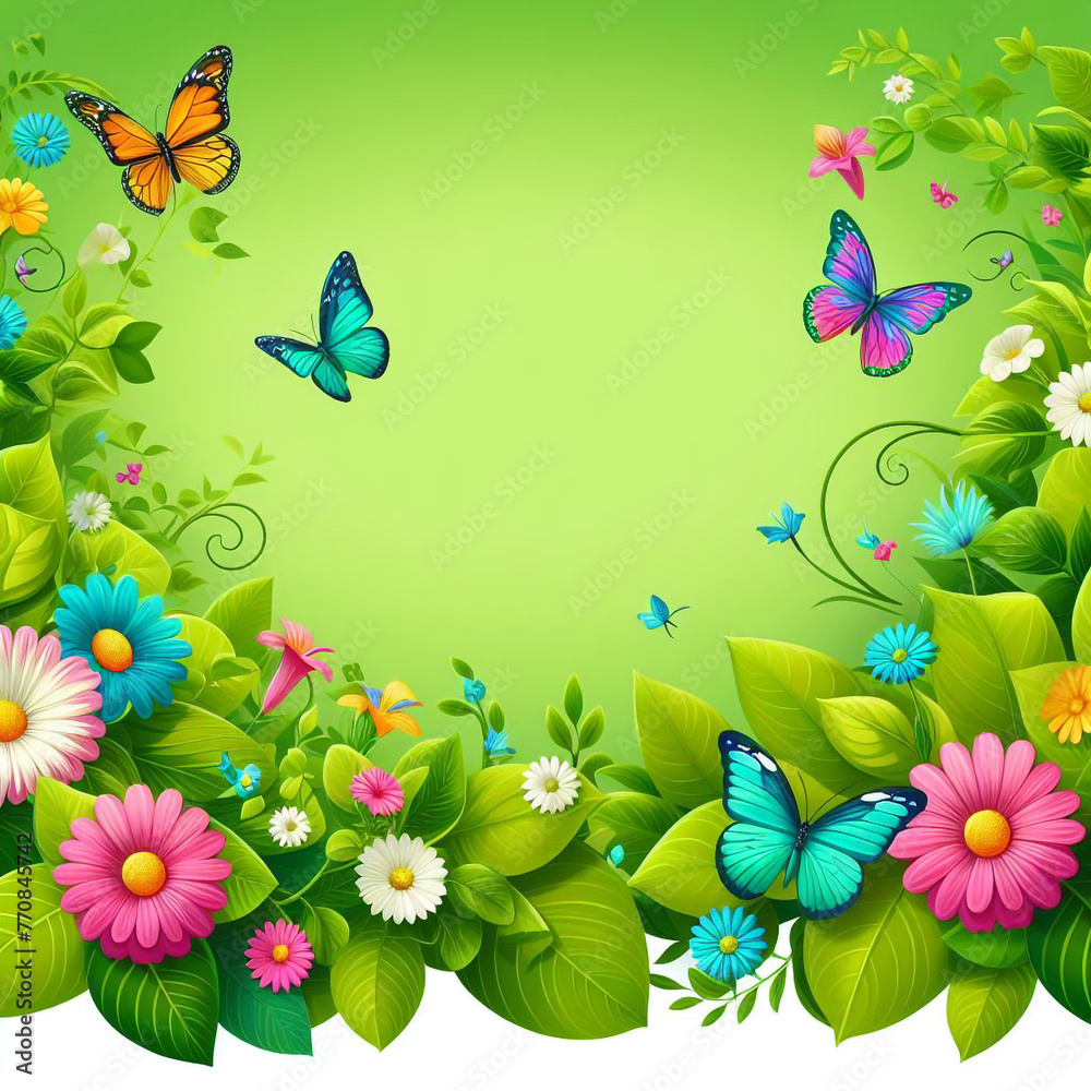 This vector illustration depicts a picturesque spring background with flowers and butterflies, designed for World Earth Day promotions.