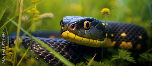 A black and yellow scaled reptile, likely a colubrid snake, is peacefully resting in the grass. Its electric blue markings stand out in the wildlife scene
