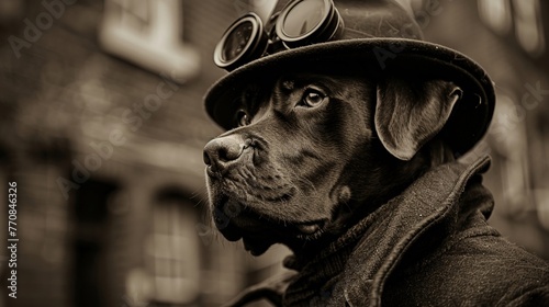 Detective dog with a magnifying glass, vintage detective comic style, sepia tones, in a mysterious old London street
