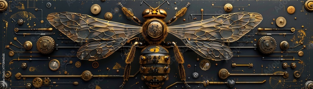 Steampunk bee with mechanical wings, intricate steampunk art style, Victorianera industrial backdrop, imaginative and historical