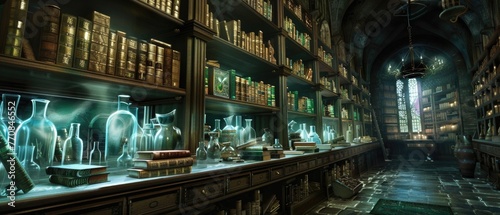 Step into a scene straight from a dark academia dream shelves lined with ancient leatherbound books and sporadic potion bottles photo