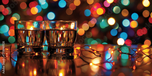 Glasses of tequila with Christmas lights on bokeh background, Glasses of tequila with christmas lights on bokeh background, Two glasses of tequila and christmas lights on bokeh background