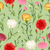 Colorful Carnation Seamless Pattern on green background. Spring floral background for fashion prints, fabric, wrapping paper, wallpaper, textile, cover