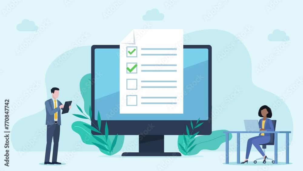Flat design animation depicting a form appearing on a monitor screen. There are people working next to the monitor. And around the screen appear icons, acceptance, five stars, light bulb and cog. Flat design animation depicting a form appearing on a monitor screen. There are people working next to the monitor. And around the screen appear icons, acceptance, five stars, light bulb and cog.