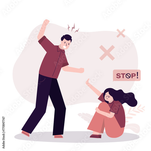 Angry husband or boyfriend threatens scared girl. Stop violence against women awareness. Woman protesting against domestic violence and female abuse, bullying.