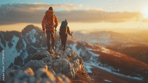 Two people have conquered a mountain peak	
 photo