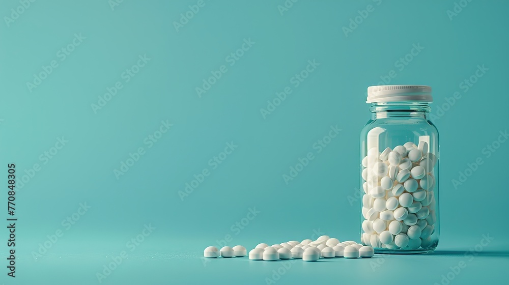 Bottle with pills on blue Bottle with pills on blue