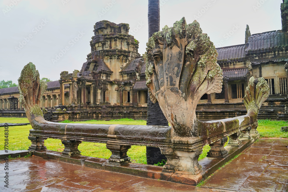 Fototapeta premium Naga Balustrade in the outer courtyard of Angkor Wat Temple complex at Siem Reap, Cambodia, Asia
