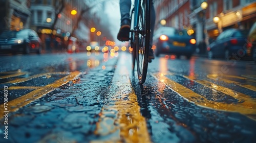 Cyclist commuting through the city photo