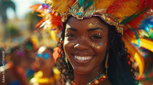 Black woman in colorful outfit at carnival