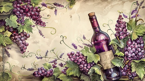 Wine bottle and grape in watercolor style